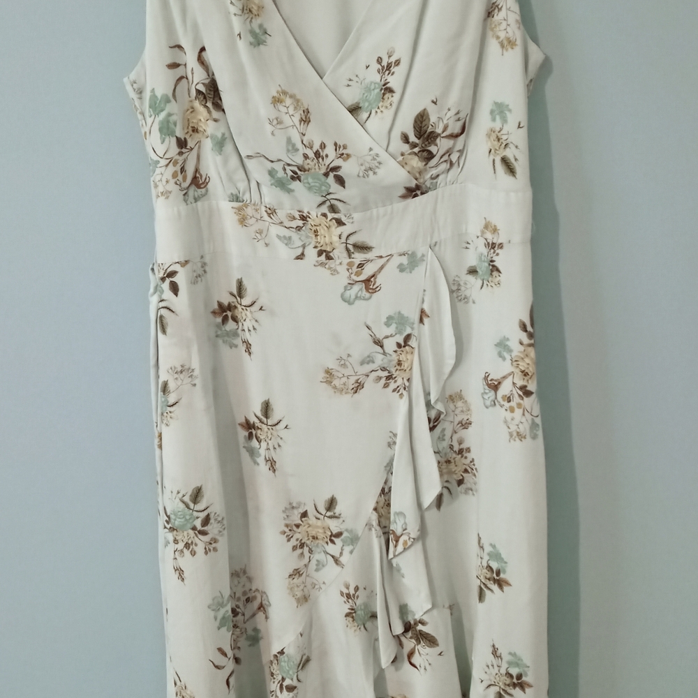 cleo Cream Floral Wrap Midi Dress with Mint and Brown Accents